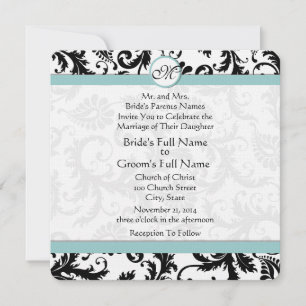 Black Damask Aqua Pool Blue Wedding Einladung
