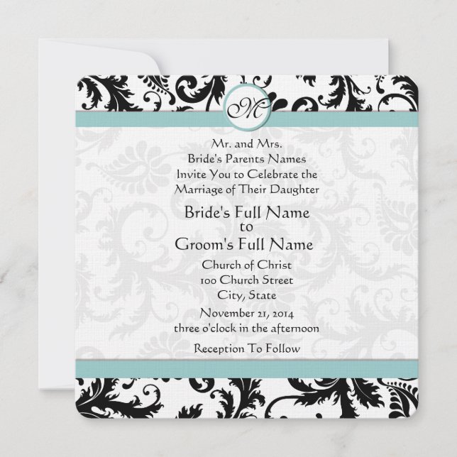 Black Damask Aqua Pool Blue Wedding Einladung (Vorderseite)
