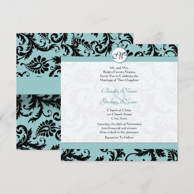 Black Damask Aqua Pool Blue Wedding Einladung (Vorne/Hinten)