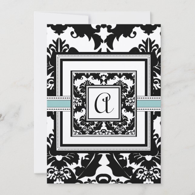 Black Damask Aqua Trim Hearts Hochzeitseinladungen Einladung (Vorderseite)