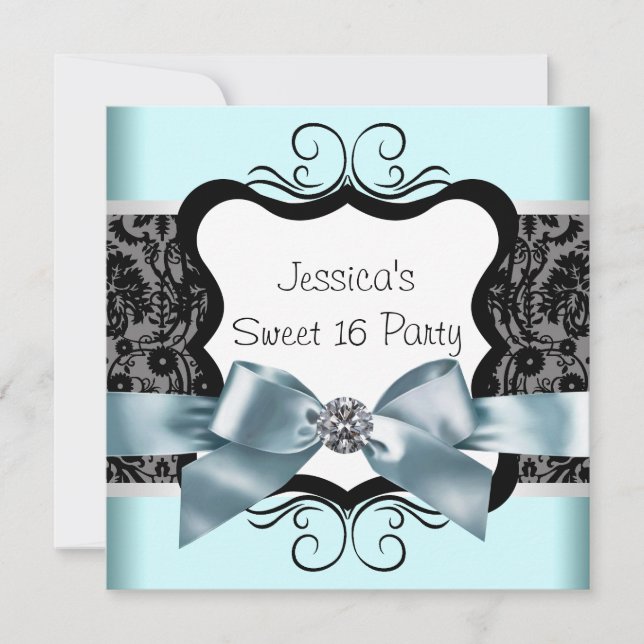 Black Damask Aquamarin Blue Black Sweet 16 Birthda Einladung (Vorderseite)