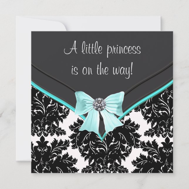 Black Damask Aquamarin Blue Bow Princess Baby Dusc Einladung (Vorderseite)