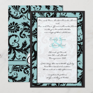 Black Damask Aquamarin Blue Wedding Einladung