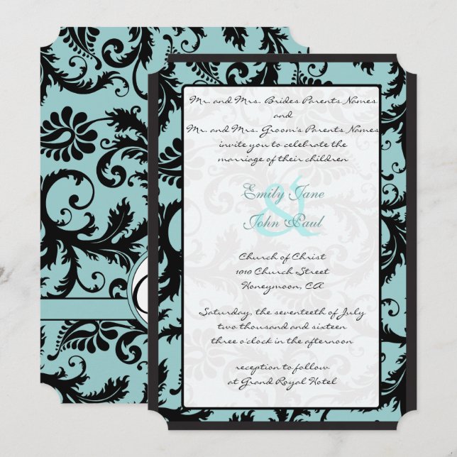 Black Damask Aquamarin Blue Wedding Einladung (Vorne/Hinten)
