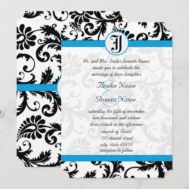 Black Damask Aquamarine Trim Hochzeit Einladungen (Vorne/Hinten)