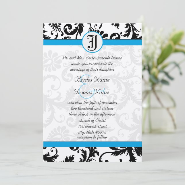 Black Damask Aquamarine Trim Hochzeit Einladungen (Stehend Vorderseite)