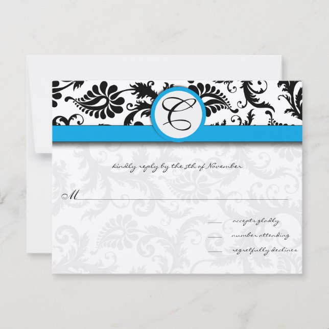 Black Damask Aquamarine Trim Hochzeit Einladungen (Vorderseite)