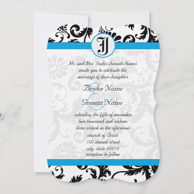Black Damask Aquamarine Trim Wedding Invitations (Devant)