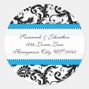 Black Damask Aquamarine Trim Wedding Siegel Runder Aufkleber