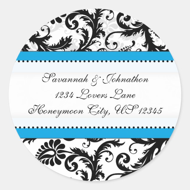 Black Damask Aquamarine Trim Wedding Siegel Runder Aufkleber (Vorderseite)