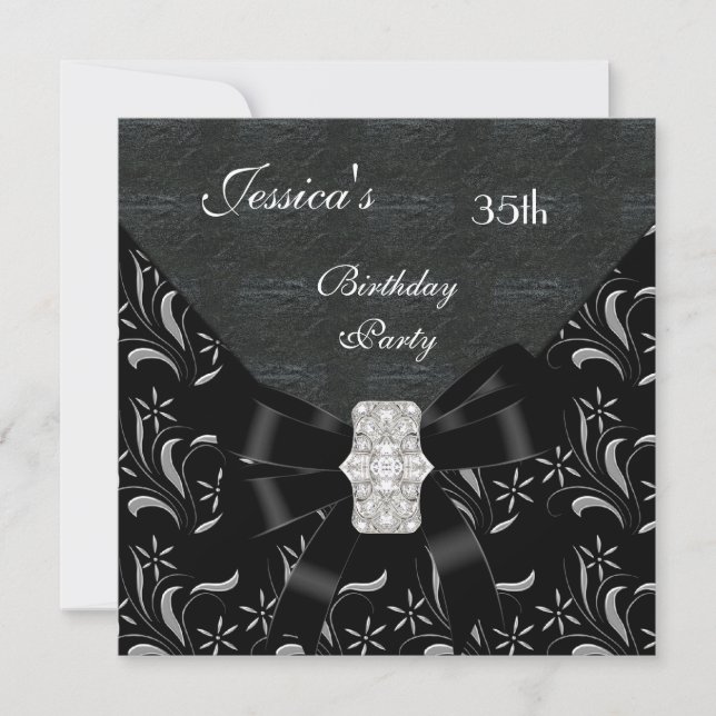 Black Damask Black Invitation White Silver 35. Bi Einladung (Vorderseite)