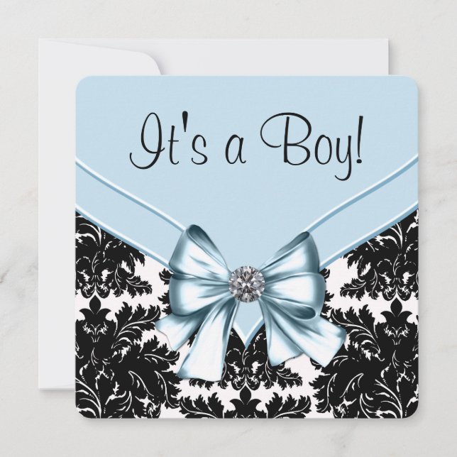 Black Damask Blue und Black Baby Dusche Einladung (Vorderseite)