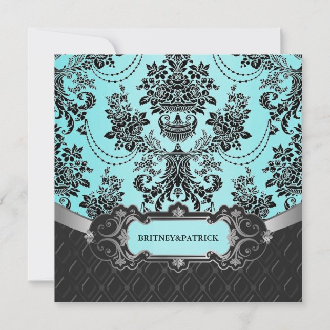 Black Damask Blue Wedding Einladungen (Vorderseite)