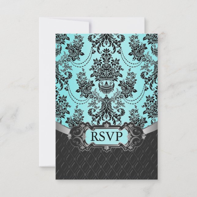 Black Damask Blue Wedding RSVP Cards (Vorderseite)