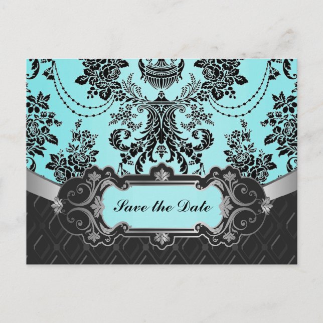 Black Damask Blue Wedding Save the Dates Ankündigungspostkarte (Vorderseite)