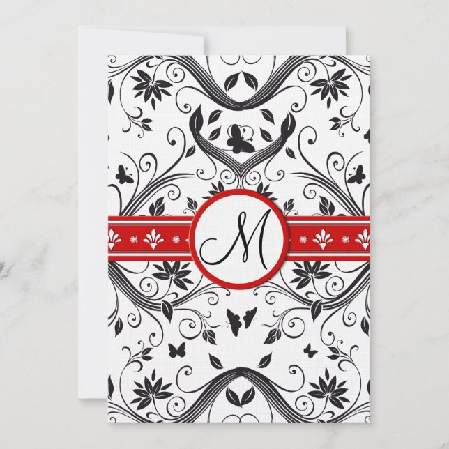 Black Damask Butterfly Wirbel Red Wedites Einladun Einladung (Vorderseite)