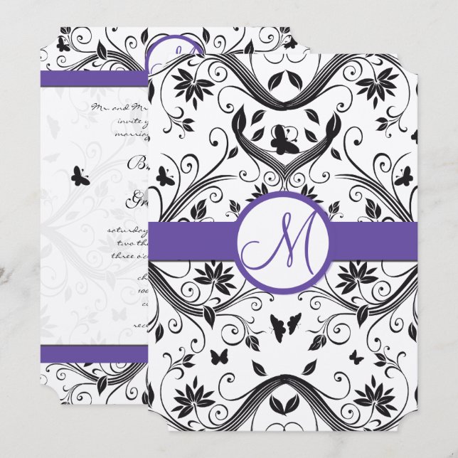 Black Damask Butterfly Wirbel Red Wedites Einladun Einladung (Vorne/Hinten)