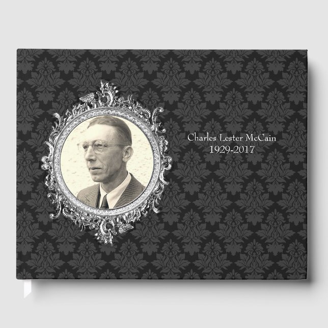 Black Damask Foto Funerary Guest Book Gästebuch (Vorderseite)