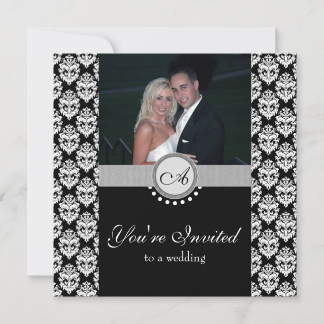 Black Damask Foto Hochzeitseinladung Einladung (Vorderseite)