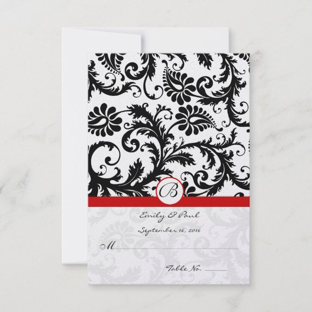 Black Damask Frotles Red Trim Mariage RSVP (Devant)