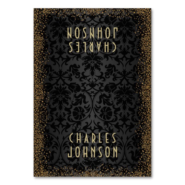 Black Damask & Gold Confetti Glitzer - Platzkarten Tischnummer (Vorderseite)