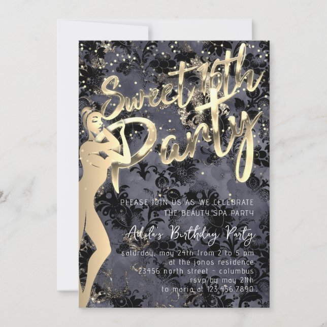Black Damask Gold Confetti Sweet 16. Party Einladung (Vorderseite)