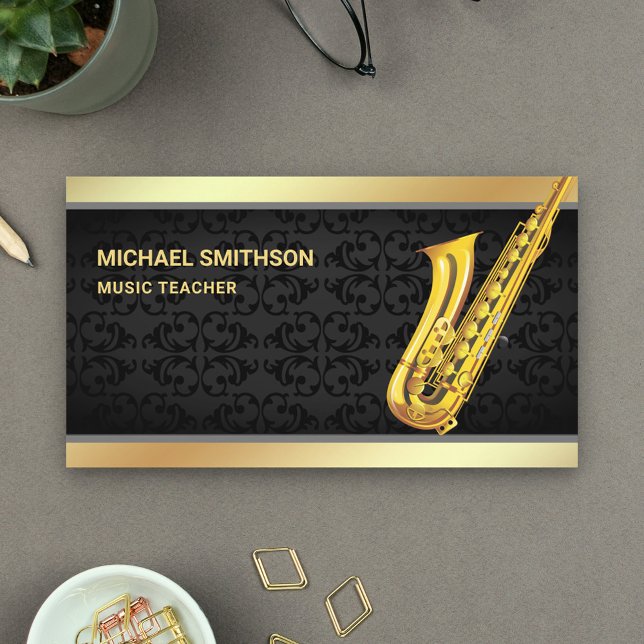 Black Damask Gold Foil Saxophone Musiklehrer Visitenkarte (Von Creator hochgeladen)