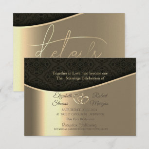 Black Damask Gold Hearts Wedding & Registry Einladung