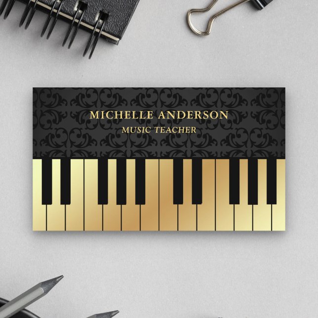 Black Damask Gold Piano Keyboard Teacher Pianist Visitenkarte (Von Creator hochgeladen)