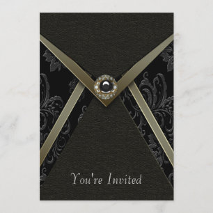 Black Damask Gold Trim Black Invitation Modèle