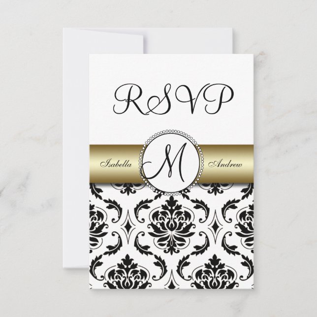 Black Damask Gold Wedding RSVP (Vorderseite)