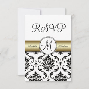 Black Damask Gold Wedding RSVP Karte