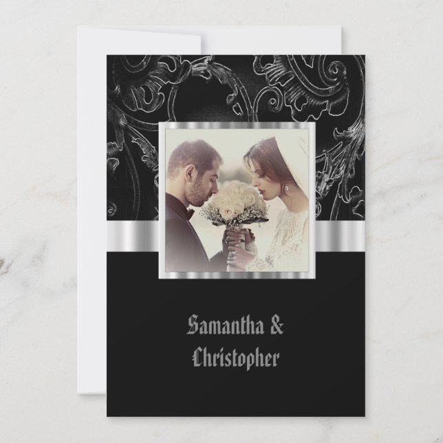 Black damask gothic wedding photo invitation einladung (Rückseite)