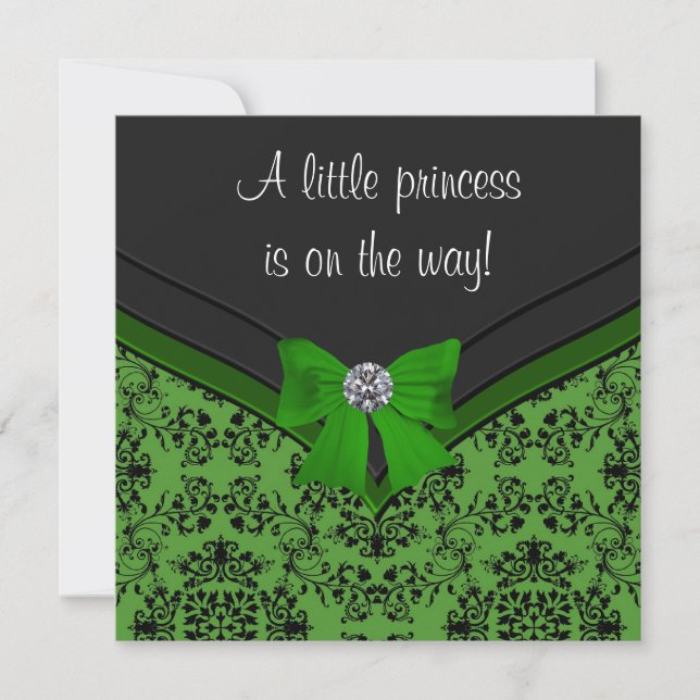 Black Damask Green Bow Princess Baby Dusche Einladung (Vorderseite)