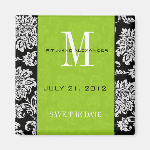 Black Damask Green Monogram Save the Date Magnet