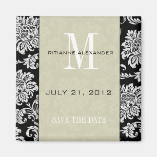 Black Damask Grey Monogram Save the Date Magnet