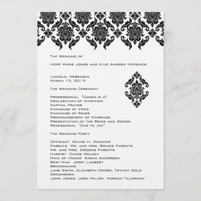 Black Damask Hochzeitsprogramm Programm (Vorderseite)
