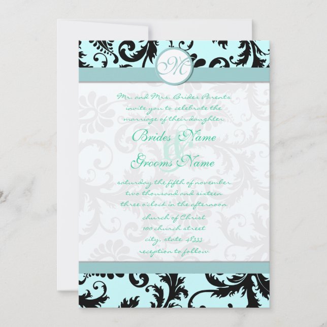 Black Damask Light Aqua Faire-part de mariage bleu (Devant)