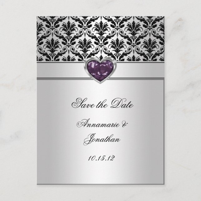 Black Damask Lila Jewel Heart Silver Rettete The D Ankündigungspostkarte (Vorderseite)