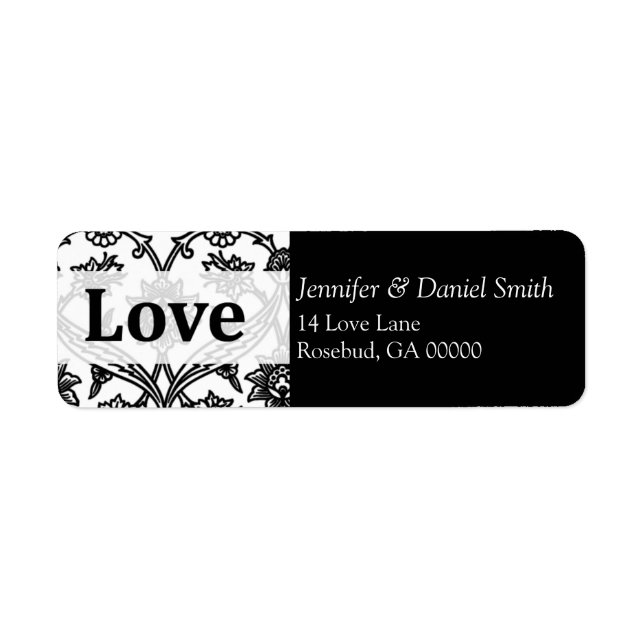 Black Damask Love Étiquettes de adresse Mariages (Devant)