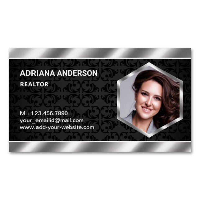 Black Damask Metallic Real Anwesen Foto Realtor Magnetische Visitenkarte (Vorderseite)