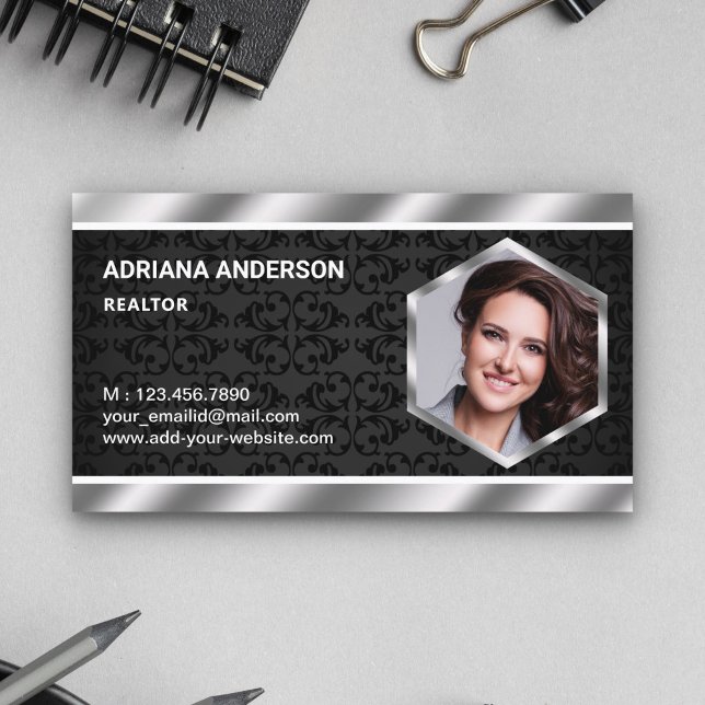 Black Damask Metallic Real Anwesen Foto Realtor Visitenkarte (Von Creator hochgeladen)