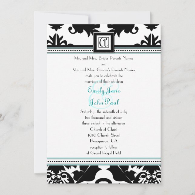 Black Damask mit Aqua Trim Wedding Einladung (Vorderseite)