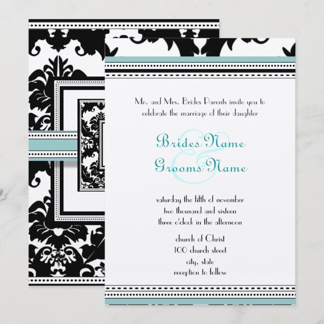 Black Damask mit Aqua Trim Wedding Einladung (Vorne/Hinten)