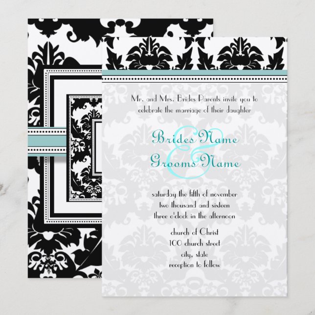 Black Damask mit Aqua Trim Wedding Einladung (Vorne/Hinten)