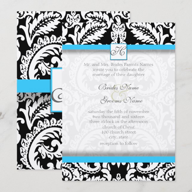 Black Damask mit Bright Aqua Wedding Einladungen (Vorne/Hinten)