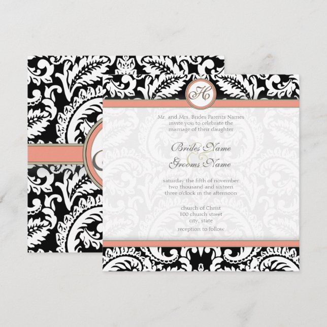 Black Damask mit Coral & Gray Einladungen für Hoch (Vorne/Hinten)