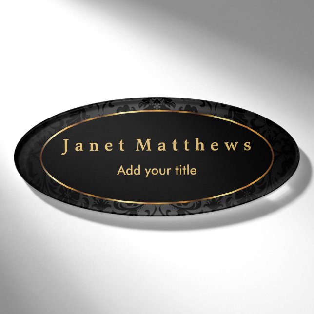 Black Damask mit Gold Trimm Design Namenschild (Vorderseite)