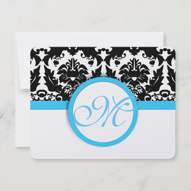 Black Damask mit Light Bright Aqua Blue Wedding RSVP Karte (Vorderseite)