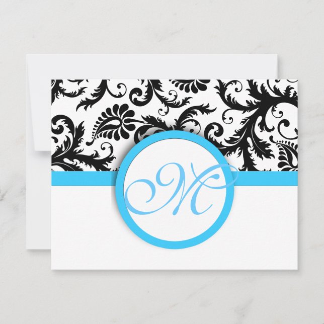 Black Damask mit Light Bright Aqua Blue Wedding RSVP Karte (Vorderseite)